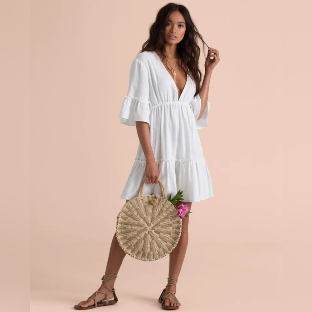 Boho Ruffle Tiered Bell Sleeve Mini Dress Plunge Cover Up Top White - Picture 4 of 11